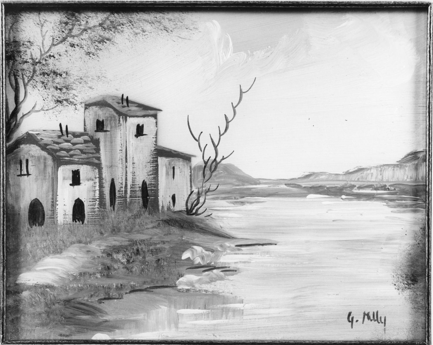 paesaggio con architetture (dipinto) di Milly G (seconda metà sec. XX)