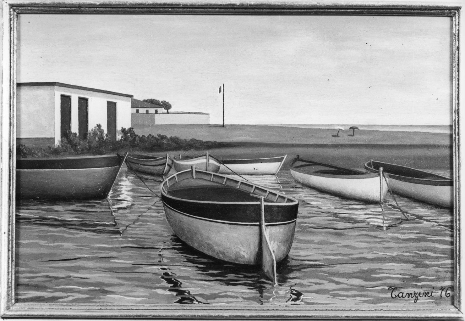marina con pescatori e barche (dipinto) di Tanzini (sec. XX)