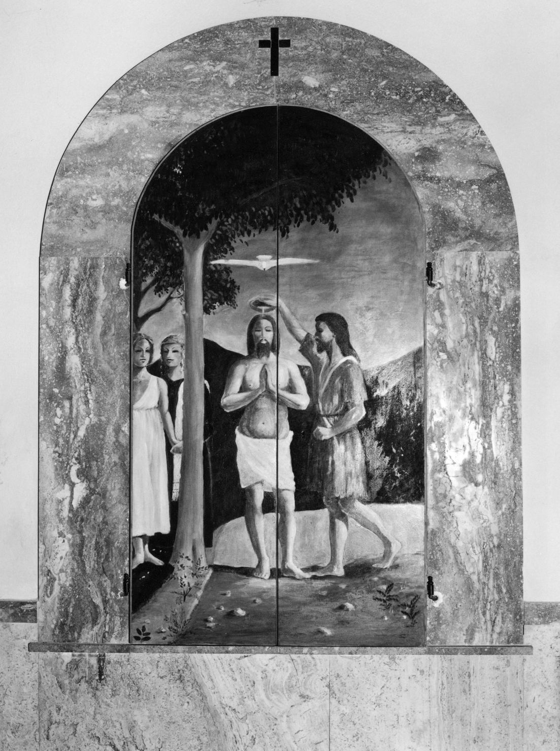 battesimo di Cristo (sportello di armadio del fonte battesimale, elemento d'insieme) - ambito toscano (seconda metà sec. XX)