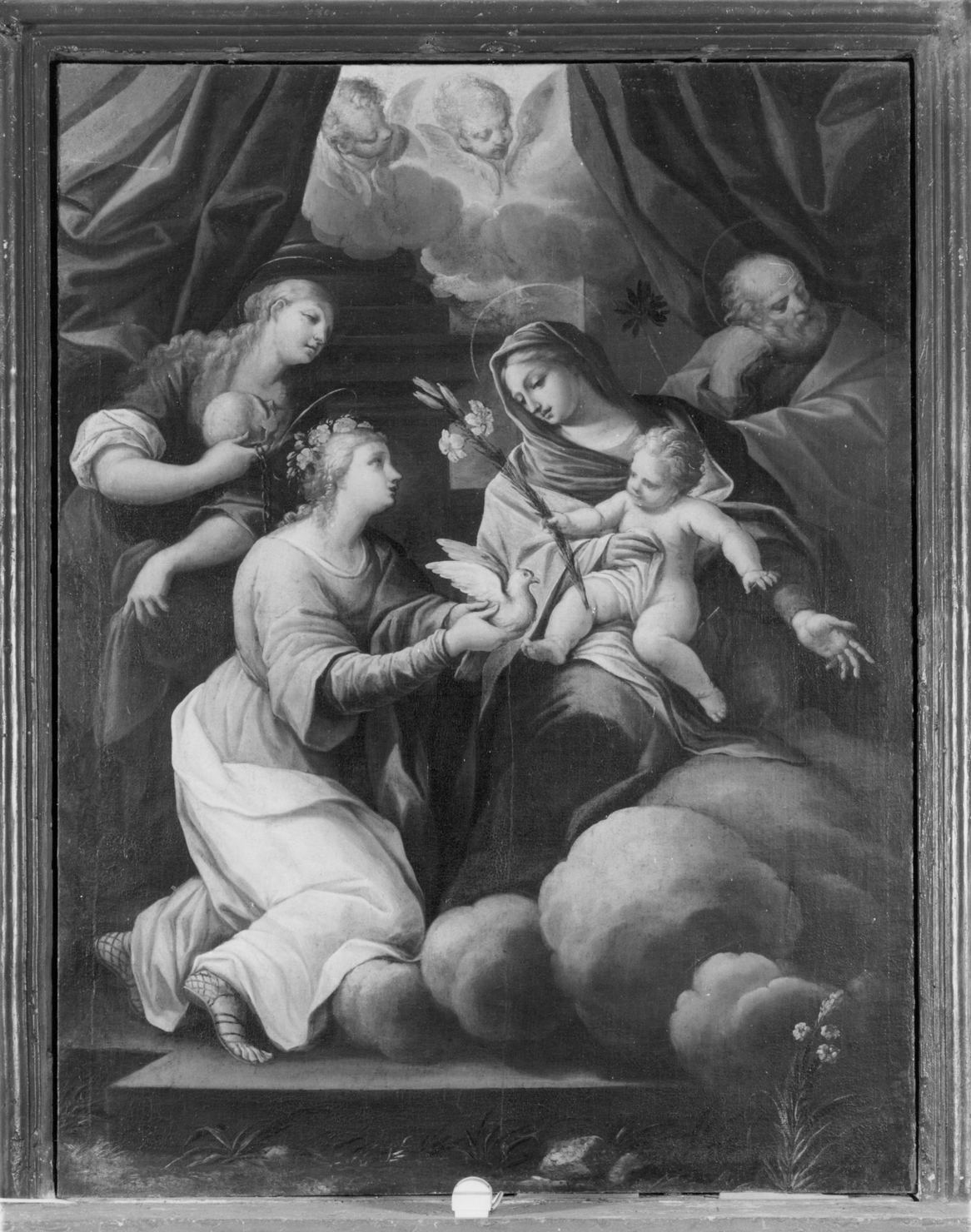 Sacra Famiglia con Santa Margherita da Cortona e la beata Libertesca (dipinto, opera isolata) di Nasini Giuseppe Nicola (attribuito) (seconda metà sec. XVII)
