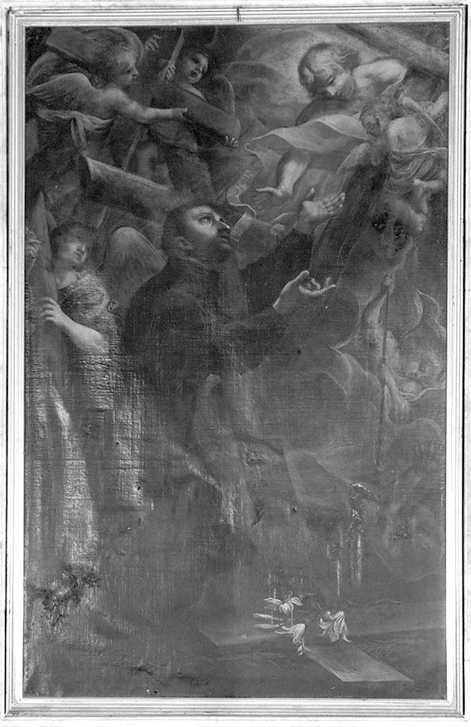 San Francesco Saverio inginocchiato ha la visione di angeli che recano croci (dipinto) - ambito senese (primo quarto sec. XVII)