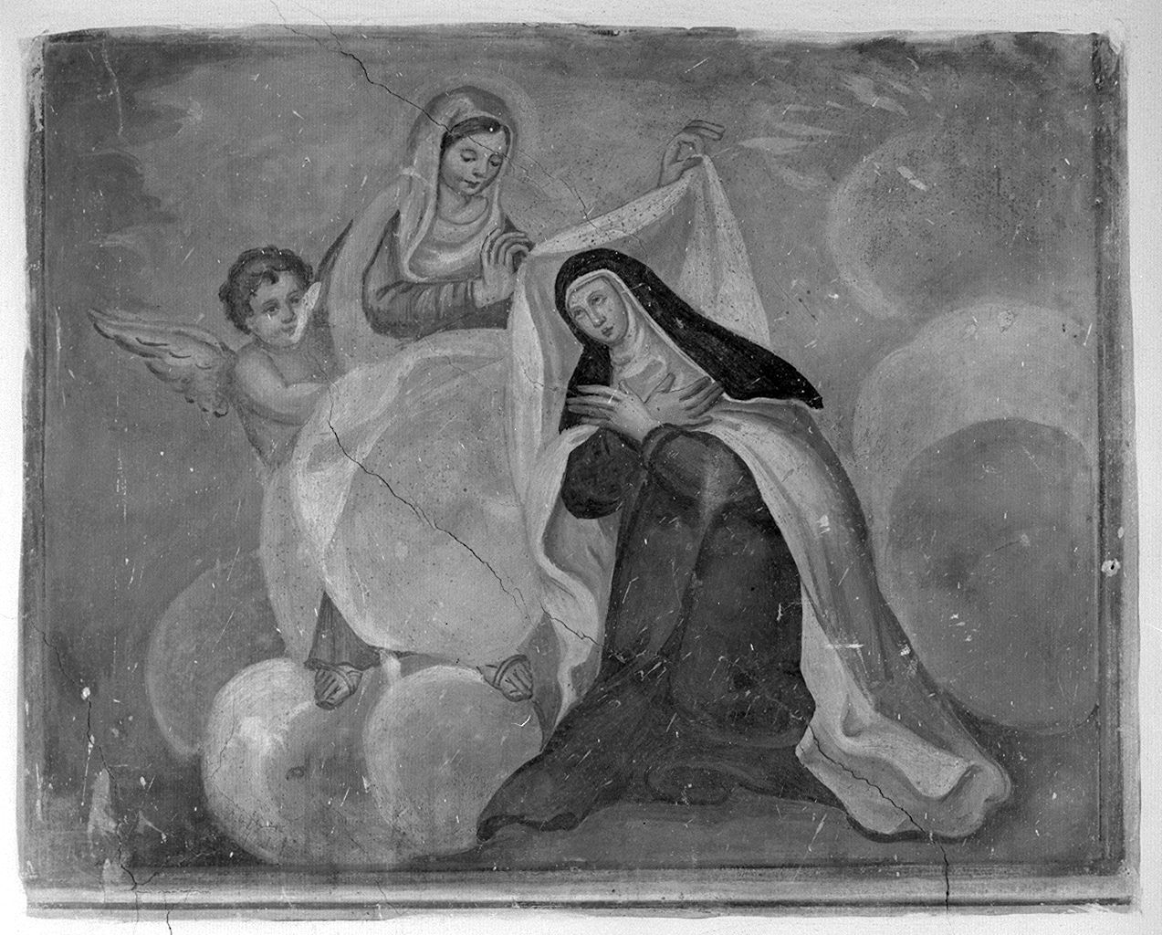 Santa Teresa d'Avila ha la visione della Madonna che le pone sulle spalle un manto bianco (dipinto, elemento d'insieme) - ambito toscano (sec. XVIII)