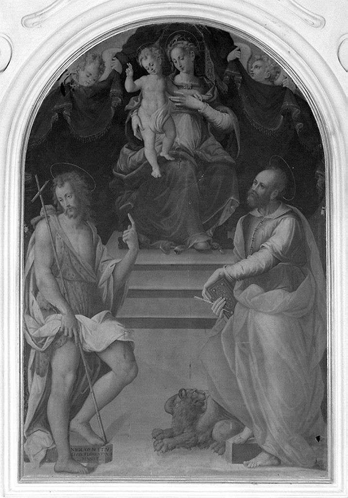 Madonna con Bambino in trono tra San Giovanni Battista e San Girolamo (dipinto) di Betti Niccolò (ultimo quarto sec. XVI)