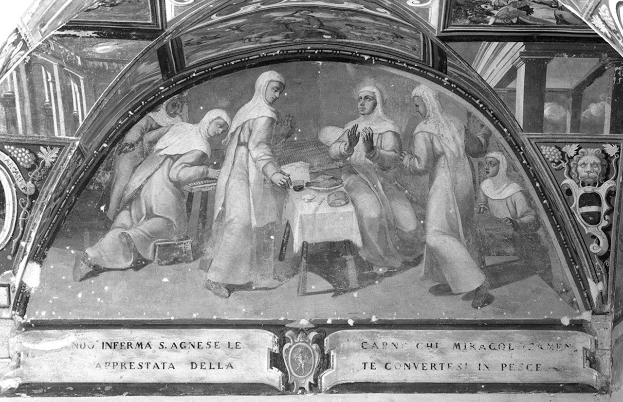 Sant'Agnese da Montepulciano compie il miracolo della conversione della carne in pesce (dipinto, elemento d'insieme) di Ciocchi Ulisse (sec. XVII)