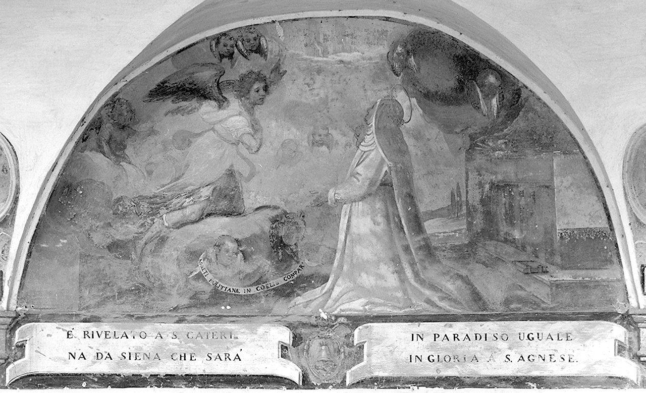 angelo annuncia a Santa Caterina da Siena che siederà in paradiso con Sant'Agnese (dipinto, elemento d'insieme) - ambito toscano (sec. XVII)