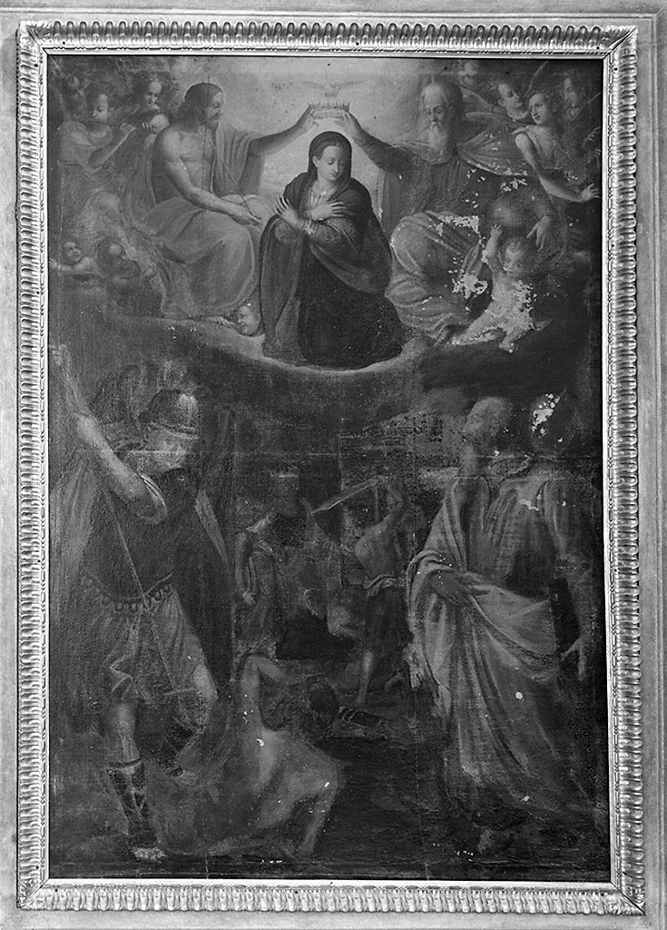 Madonna incoronata da Cristo e Dio Padre tra angeli e Santi (dipinto) - ambito aretino (secc. XVI/ XVII)