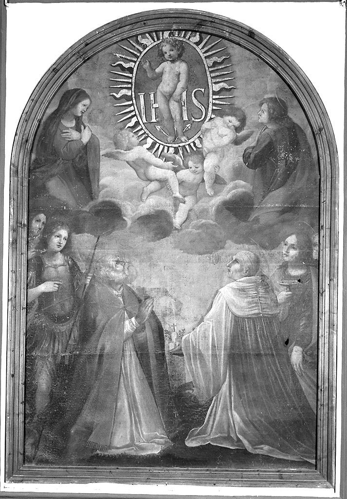 Gesù Bambino in gloria tra la Madonna San Giovanni Evangelista e Santi (dipinto) - ambito senese (prima metà sec. XVII)