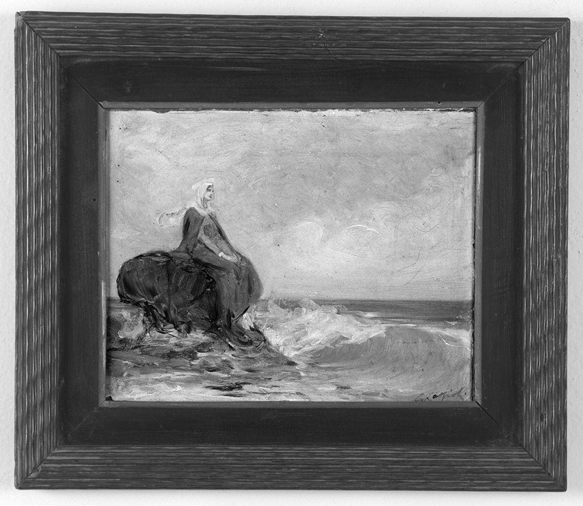 Madonna seduta su uno scoglio di fronte al mare (dipinto) di Cassioli Giuseppe (sec. XX)