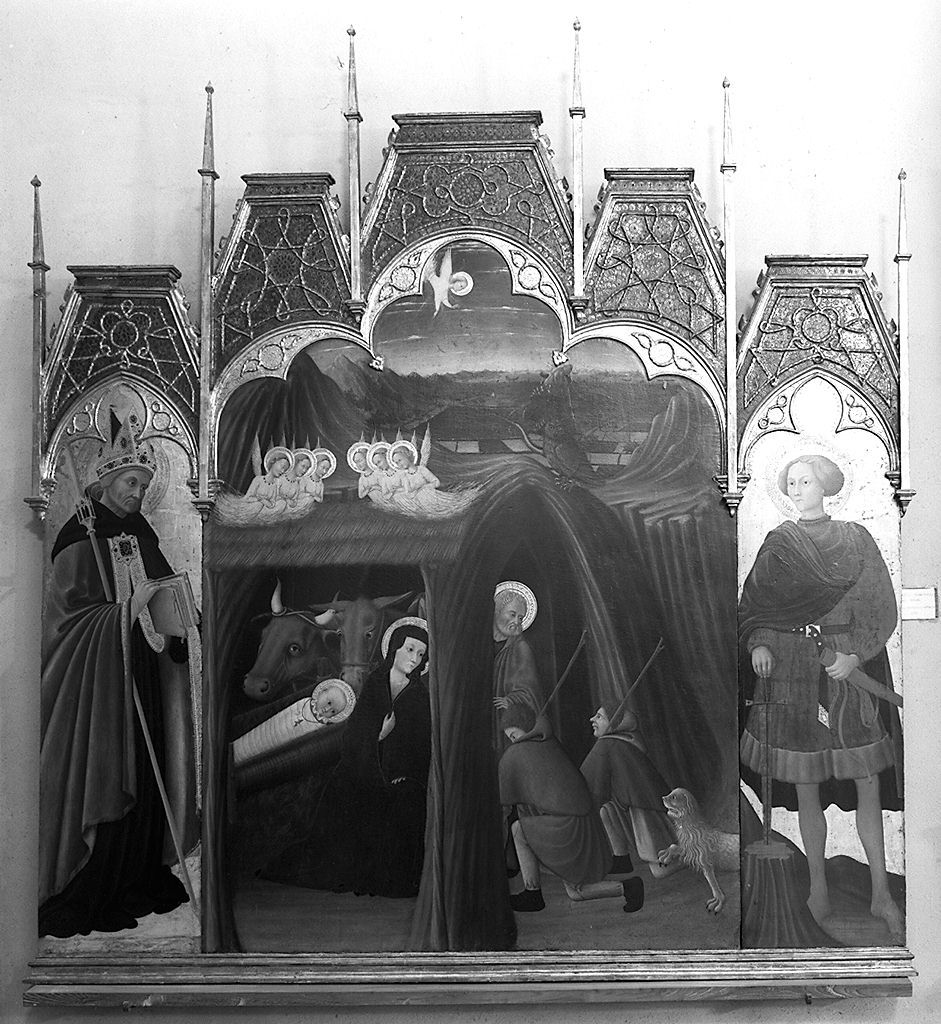 adorazione dei pastori con Sant'Agostino e San Galgano (pala d'altare) di Pietro di Giovanni d'Ambrogio (sec. XV)