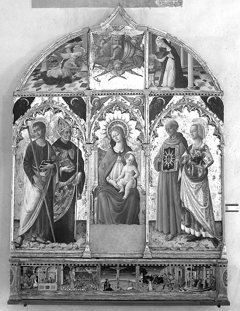 Madonna con Bambino e Santi/ annunciazione/ crocifissione/ storie di Santa Caterina d'Alessandria (polittico) di Matteo di Giovanni di Bartolo (sec. XV)