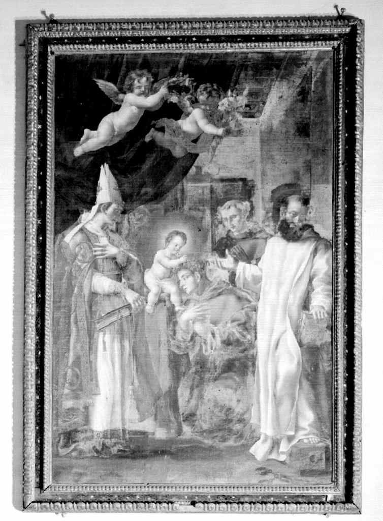 Sant'Antonio da Padova incoronato da Gesù Bambino alla presenza di tre santi (dipinto) - ambito toscano (sec. XVII)