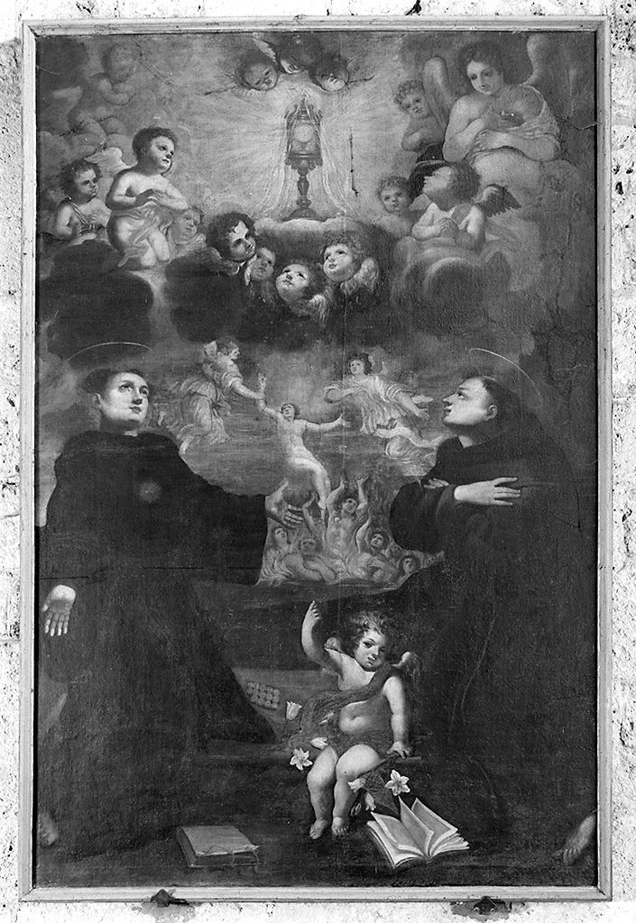 San Nicola da Tolentino e Sant'Antonio da Padova in adorazione dell'eucarestia (dipinto) di Burbarini Dionisio (sec. XVII)