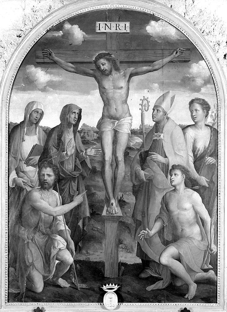 Cristo crocifisso con Santi (dipinto) di Neroni Bartolomeo detto Riccio (sec. XVI)