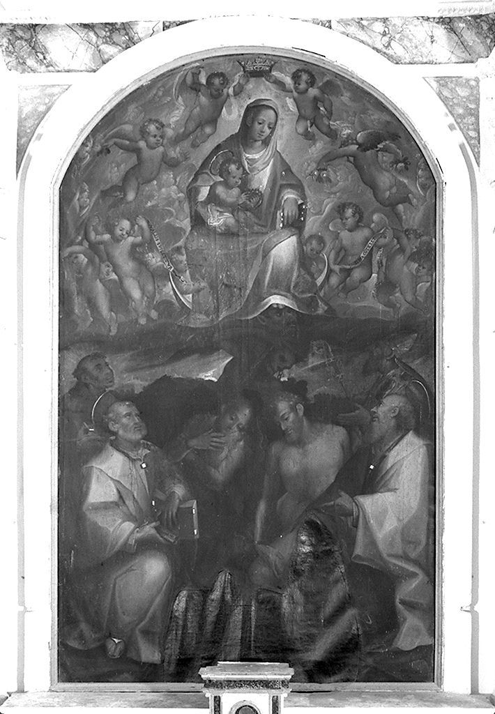 Madonna con Bambino che calpesta il demonio con Adamo, Eva e Santi (dipinto, elemento d'insieme) - ambito senese (sec. XVII)