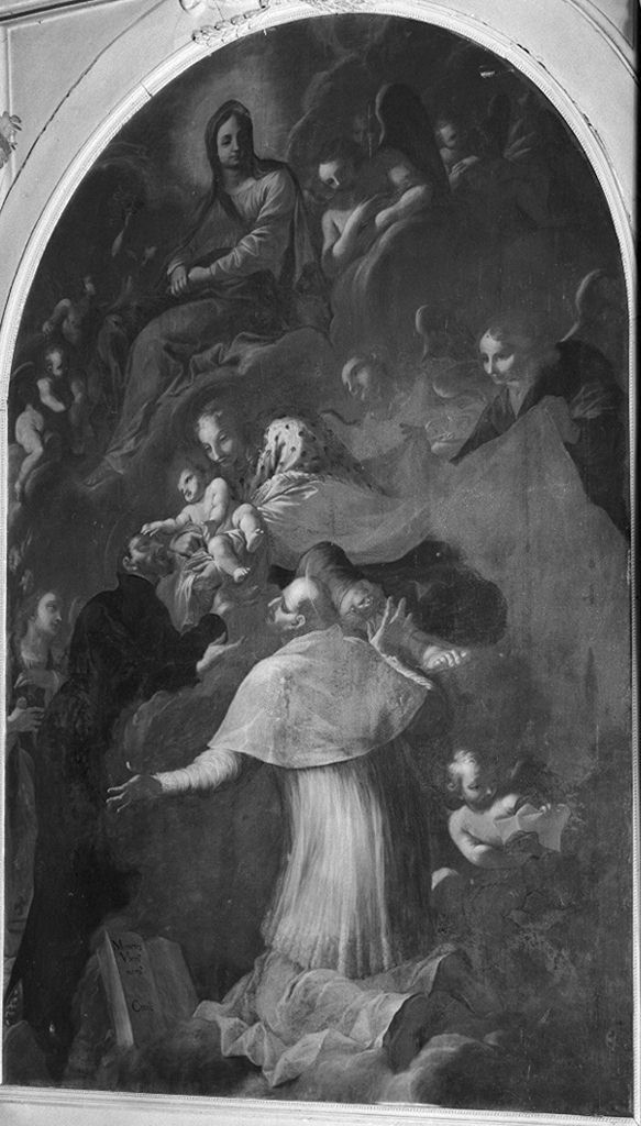San Gaetano da Thiene e San Carlo Borromeo ricevono Gesù Bambino dalla Madonna in gloria (dipinto) di Nasini Giuseppe Nicola (fine/inizio secc. XVII/ XVIII)