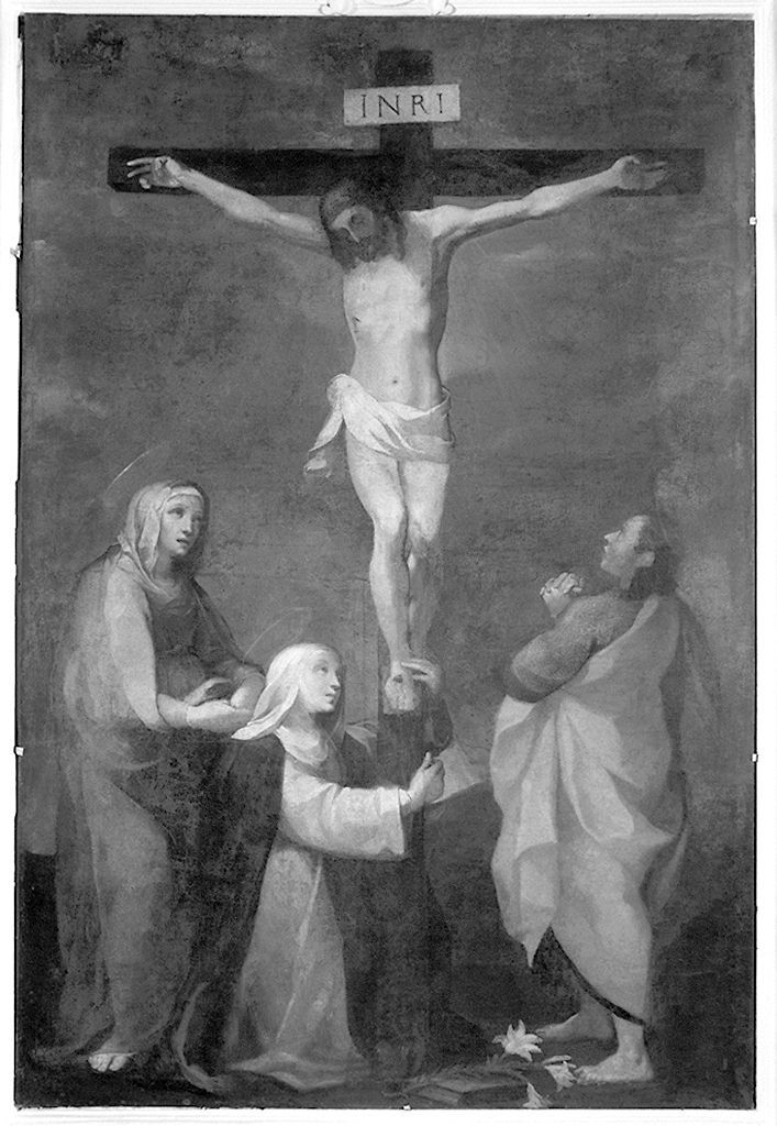 Cristo crocifisso con la Madonna, San Giovanni Evangelista e Santa Caterina da Siena (dipinto) di Salimbeni Ventura detto Bevilacqua (inizio sec. XVII)