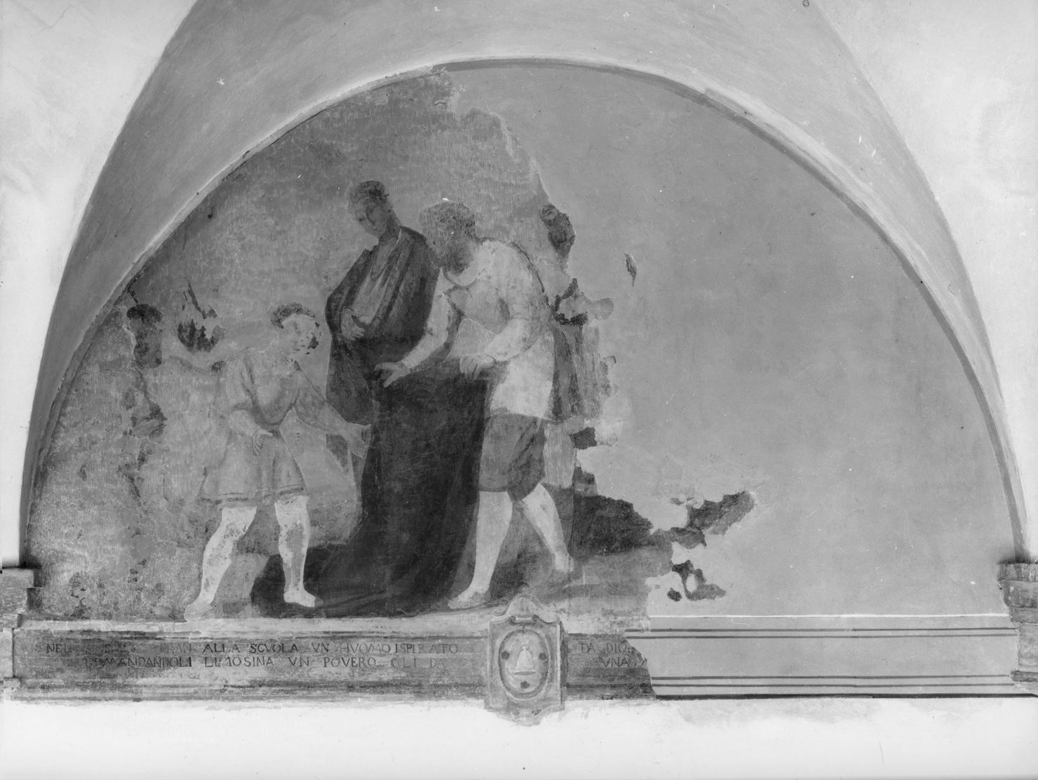 San Francesco d'Assisi fanciullo riceve un mantello da un uomo povero (dipinto) di Ferrucci Nicodemo (attribuito) (sec. XVII)