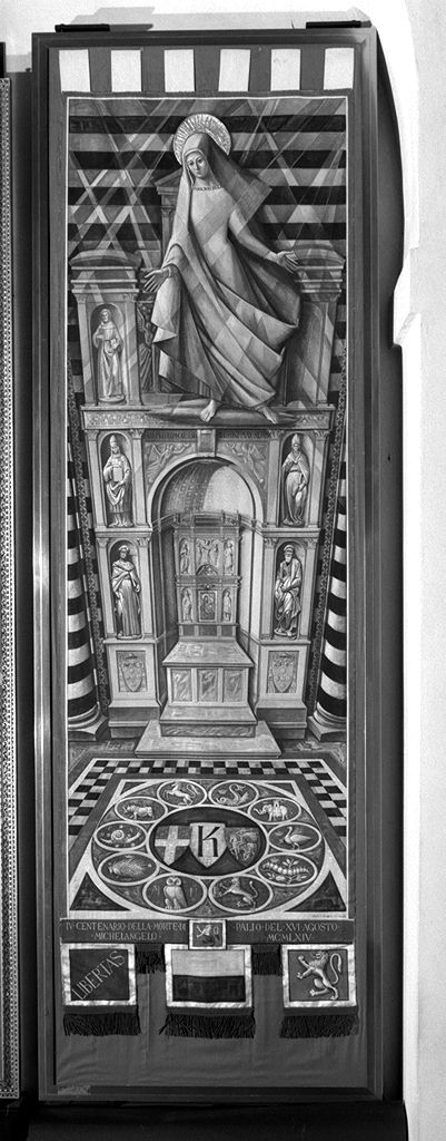 veduta dell'interno del Duomo di Siena con altare Piccolomini e Madonna (palio) di Valacchi Vasco (sec. XX)