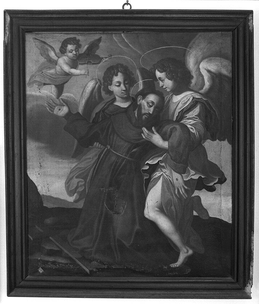 San Francesco d'Assisi sostenuto da due angeli dopo aver ricevuto le stimmate (dipinto) - ambito toscano (sec. XVII)