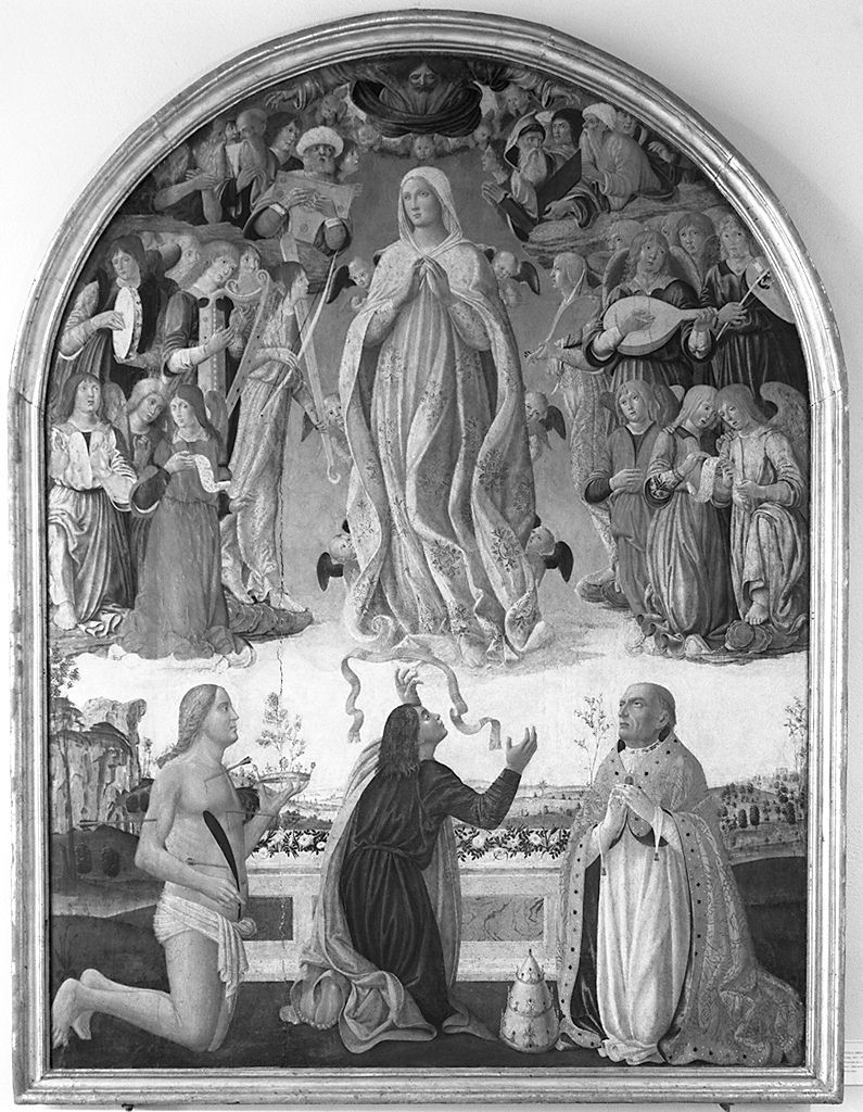 Madonna Assunta, San Sebastiano, San Tommaso d'Aquino, San Gregorio Magno (dipinto) di Di Domenico Pietro (fine sec. XV)