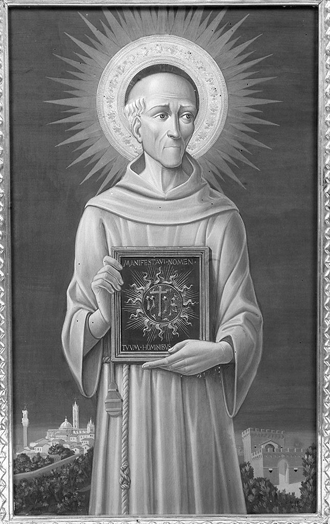 San Bernardino da Siena con veduta di Siena da Porta Romana (dipinto, elemento d'insieme) di Marzi Bruno (sec. XX)