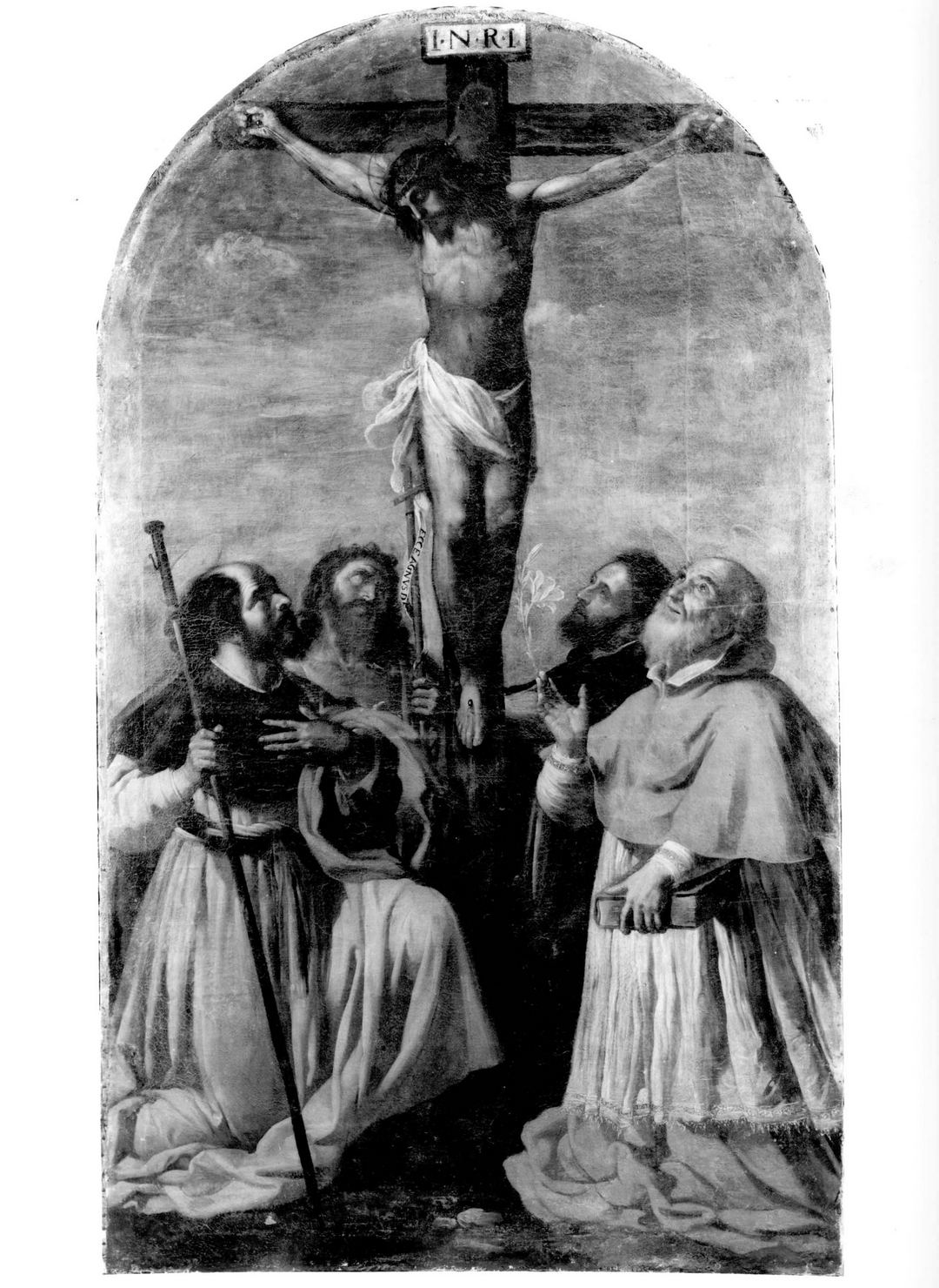 crocifissione con San Rocco, San Carlo Borromeo, San Giovanni Battista e San Domenico (dipinto) di Manetti Rutilio (sec. XVII)