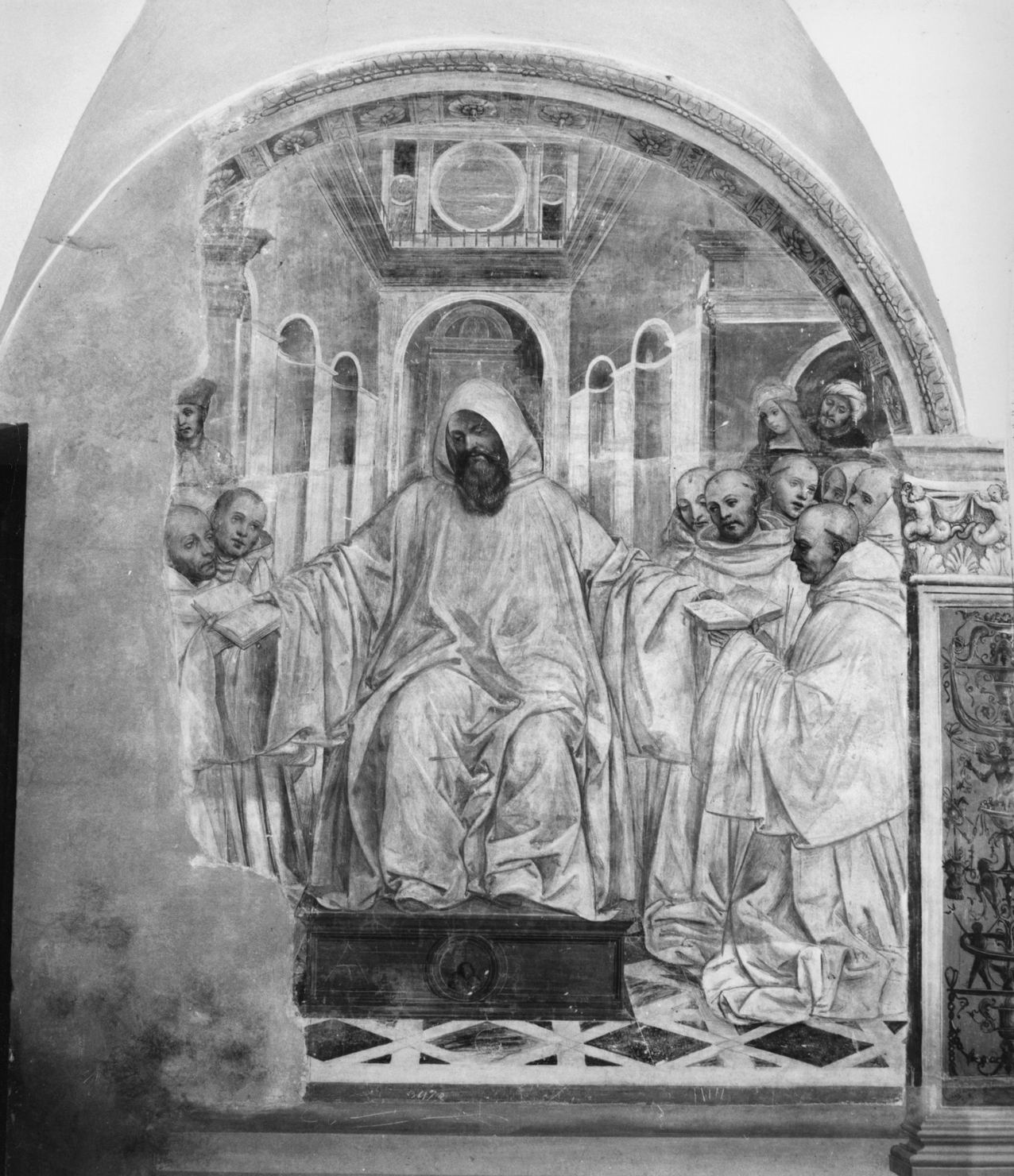 San Benedetto consegna la regola ai monaci fondatori dell'ordine olivetano (dipinto, elemento d'insieme) di Bazzi Giovanni Antonio detto Sodoma (sec. XVI)