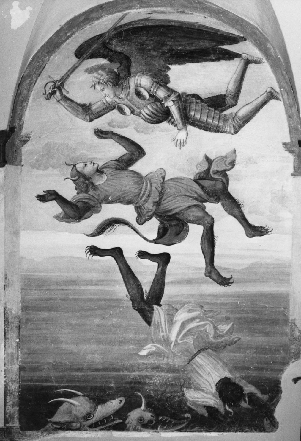 San Michele Arcangelo scaccia gli angeli ribelli dal paradiso (dipinto, elemento d'insieme) - ambito umbro-senese (primo quarto sec. XVI)