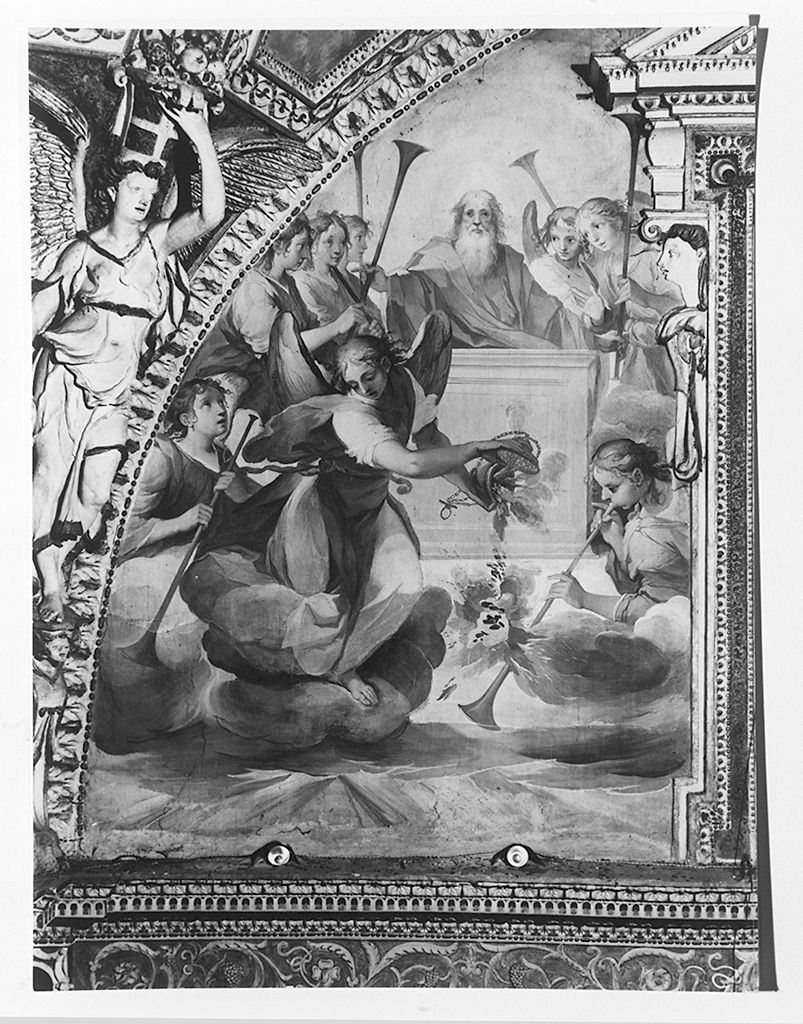 angeli che trattengono i quattro venti/ apertura del settimo sigillo dell'Apocalisse (dipinto, elemento d'insieme) di Salimbeni Ventura detto Bevilacqua (sec. XVII)