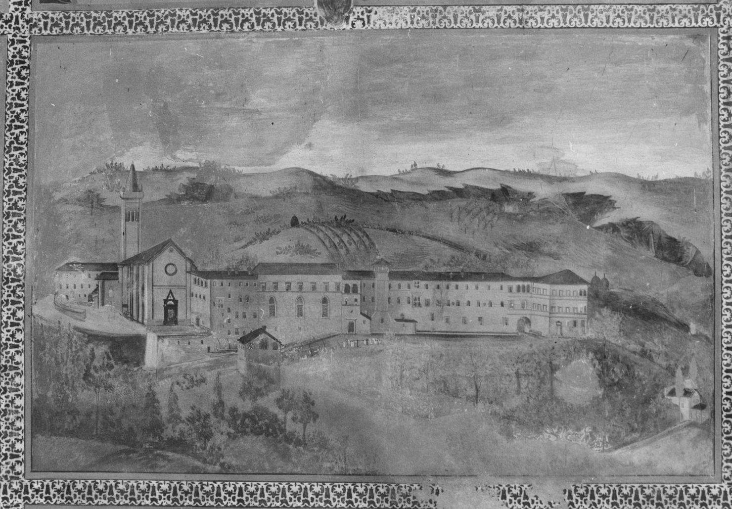 veduta dell'Abbazia di Monteoliveto Maggiore (dipinto, elemento d'insieme) - ambito toscano (sec. XVIII)