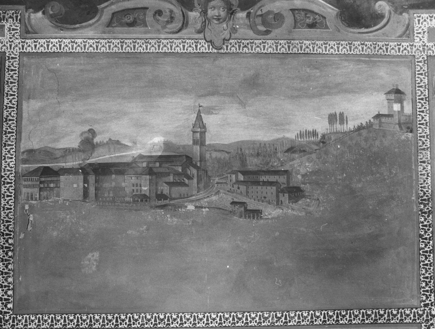 veduta dell'Abbazia di Monteoliveto Maggiore (dipinto, elemento d'insieme) - ambito toscano (sec. XVIII)