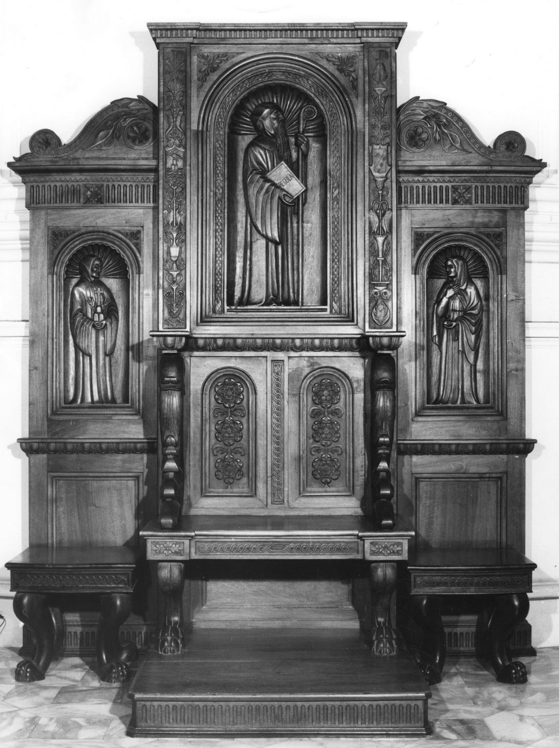 San Benedetto, beato Bernardo Tolomei e Santa Francesca Romana (cattedra episcopale, opera isolata) - bottega toscana (sec. XX)