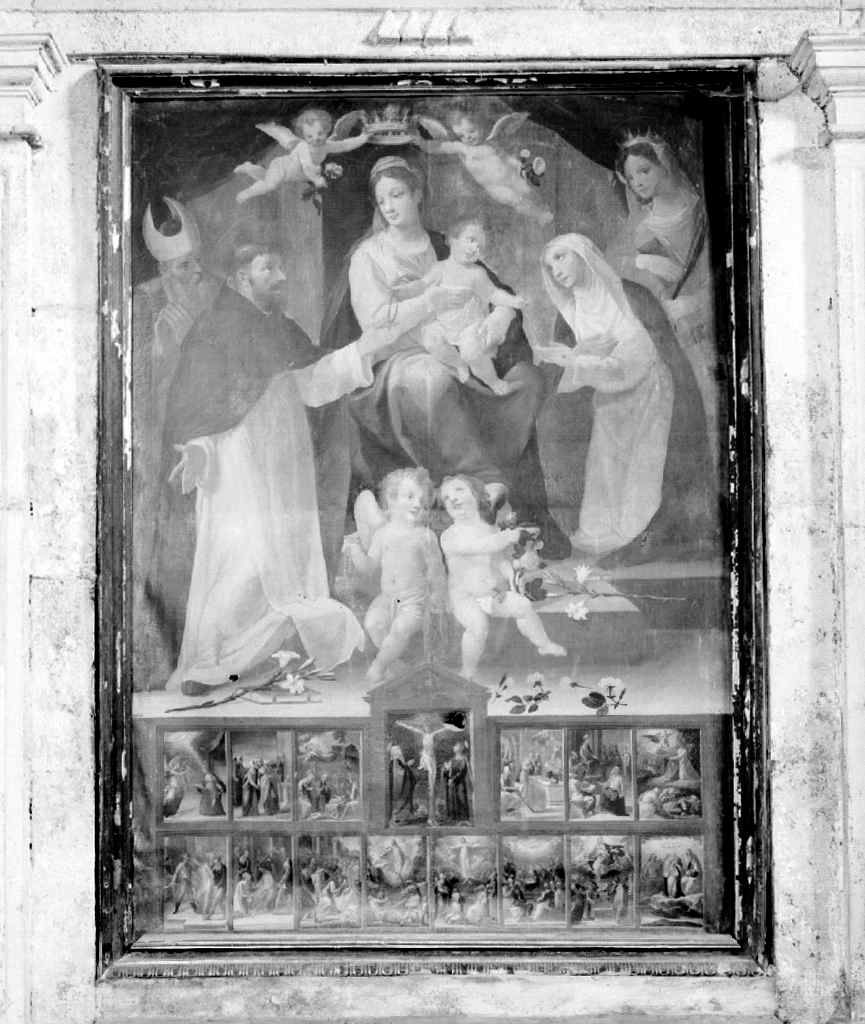 Madonna del Rosario con San Domenico e Santa Caterina, santi e misteri del rosario (dipinto) di Rustici Vincenzo (ultimo quarto sec. XVI)