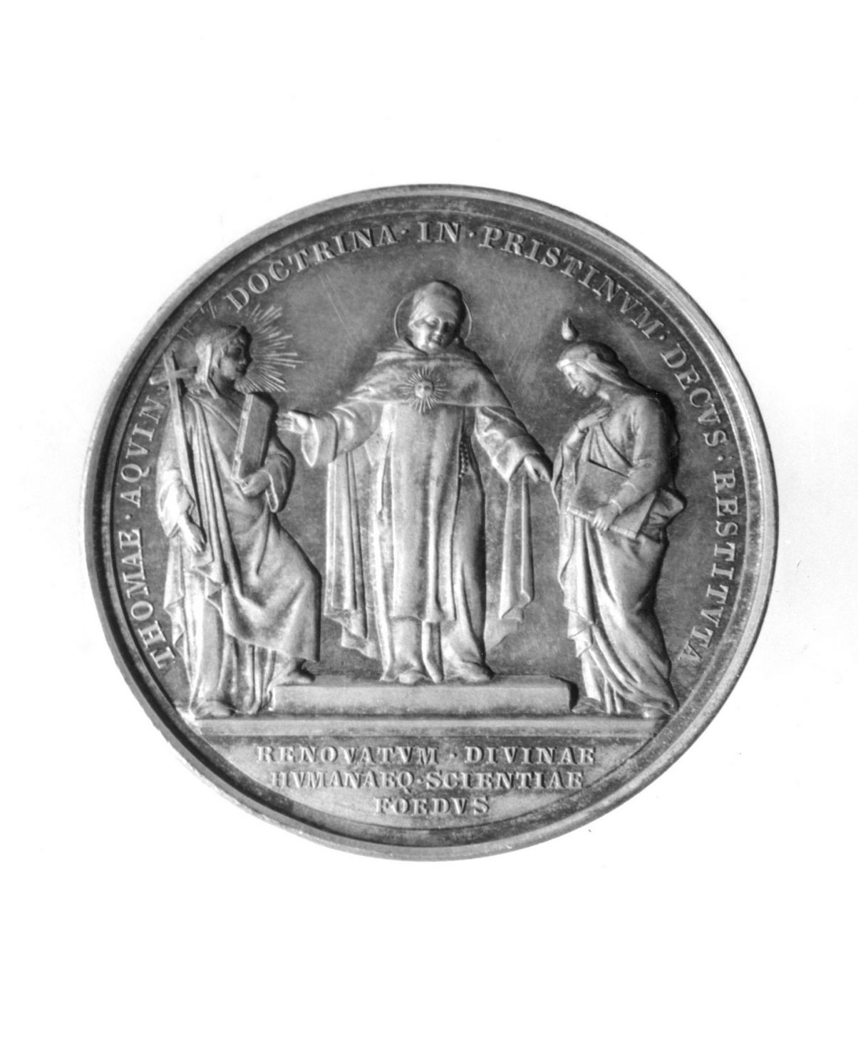 San Tommaso d'Aquino tra la Scienza e la Chiesa/ ritratto di Leone XIII (medaglia) di Bianchi Francesco (ultimo quarto sec. XIX)