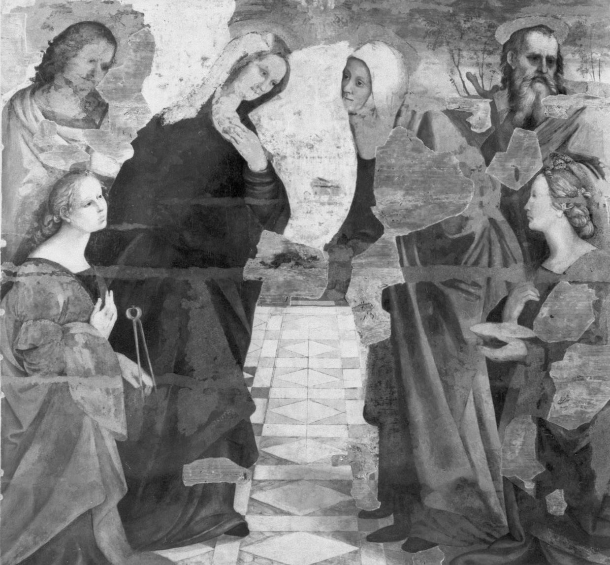 visitazione con San Giuseppe, San Zaccaria, Sant'Apollonia e Santa Lucia (dipinto) di Girolamo di Giovanni detto Girolamo del Pacchia (attribuito) (prima metà sec. XVI)