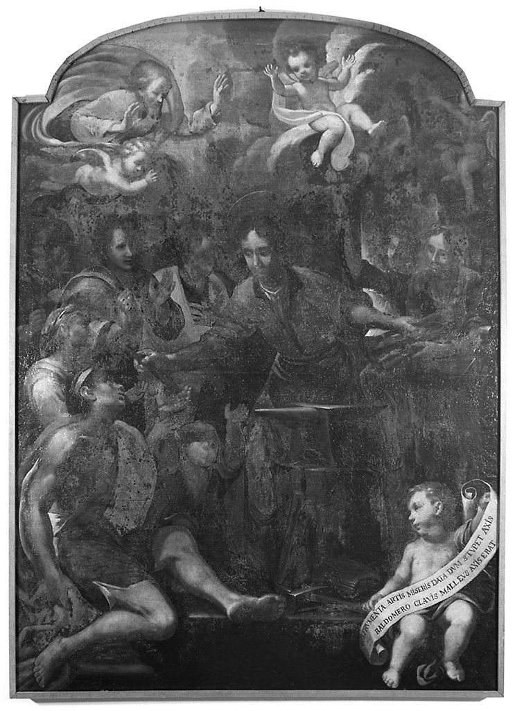 Sant'Eligio in veste di artigiano lavora nella sua bottega (dipinto, elemento d'insieme) di Martelli Aurelio (sec. XVII)