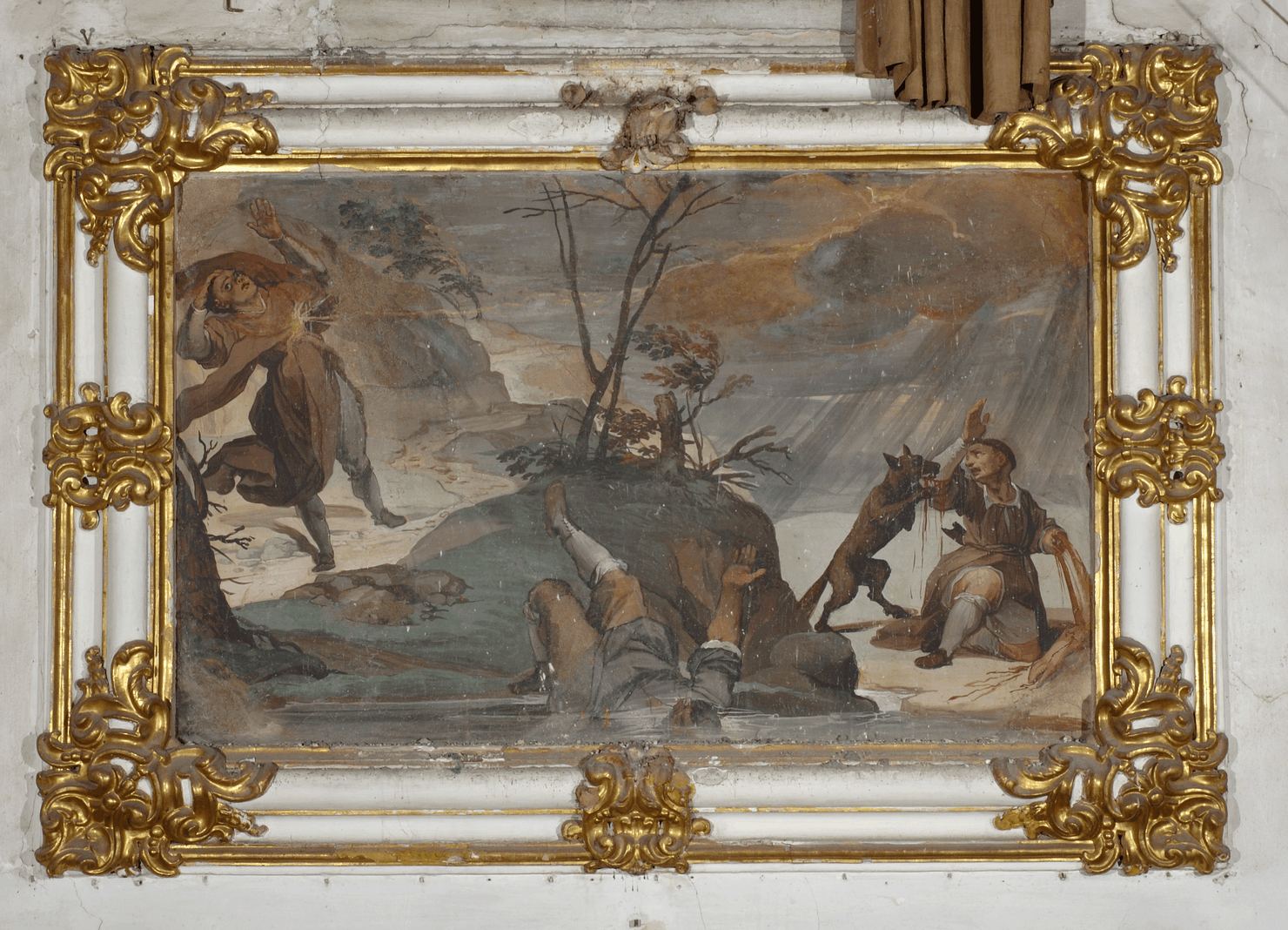 Tre uomini oltraggiano San Galgano (dipinto) di Salimbeni Ventura detto Bevilacqua (sec. XVII)