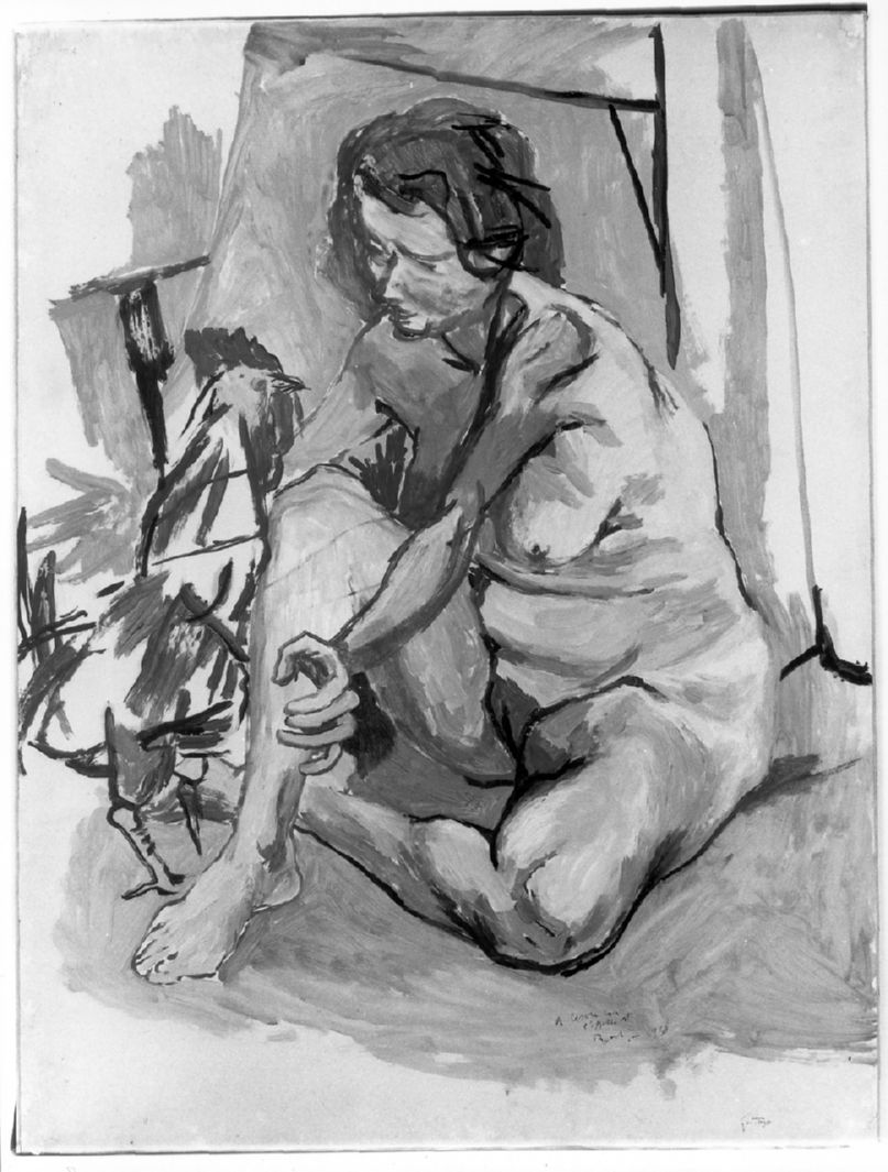 Donna con gallo, ritratto di donna con gallo (dipinto) di Guttuso Renato (sec. XX)