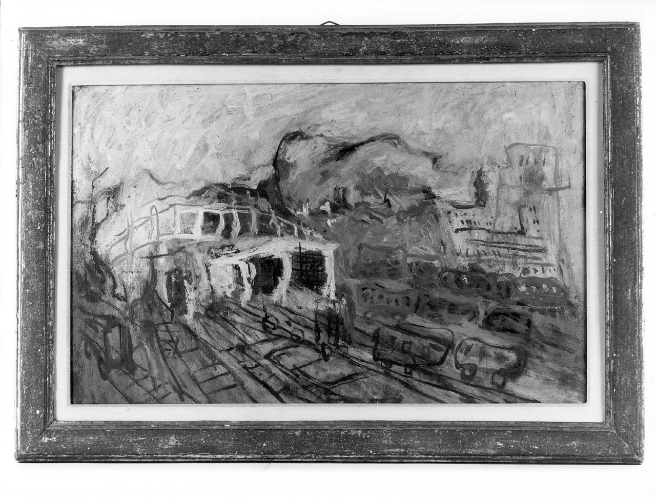 stazione bombardata, stazione ferroviaria (dipinto) di Sadun Piero (sec. XX)