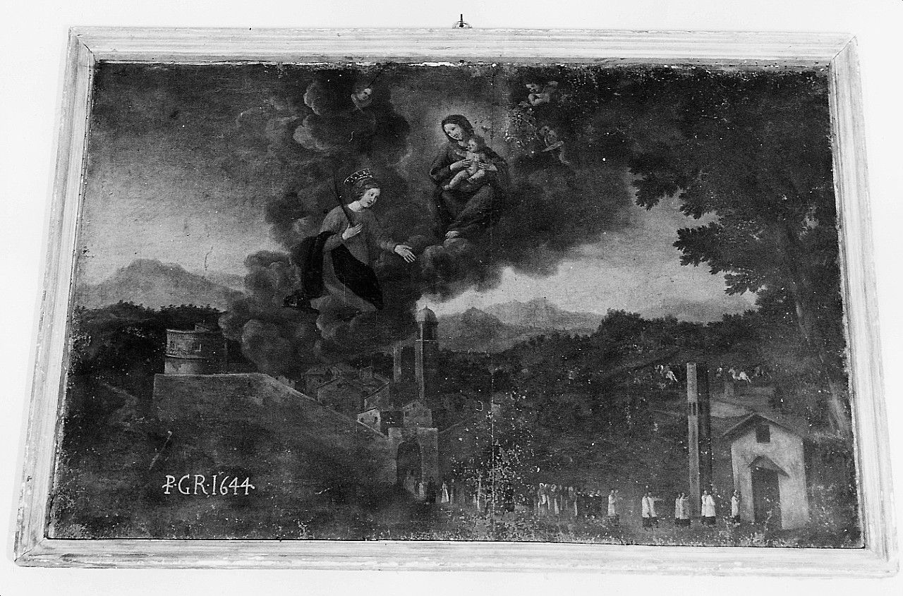 Santa Mustiola intercede presso la Madonna per la città di Chiusi (dipinto) - ambito toscano (sec. XVII)