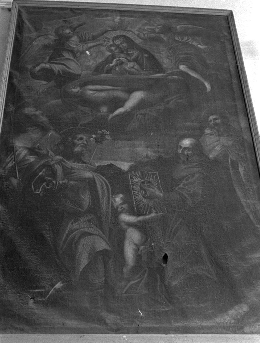 apparizione della Madonna con Bambino a San Bernardino da Siena, San Giuseppe e a due Santi monaci (dipinto) - ambito senese (prima metà sec. XVIII)