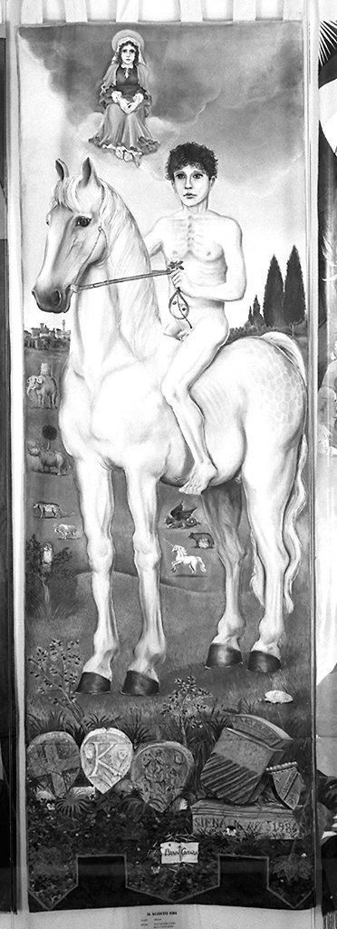 giovane uomo nudo a cavallo protetto dalla Madonna (palio) di Caruso Bruno (sec. XX)