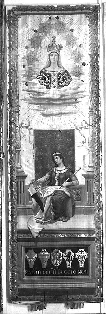 Madonna di Provenzano e figure allegoriche della città di Siena (palio) di Loli Piccolomini Pietro, Merlini Carlo (sec. XX)