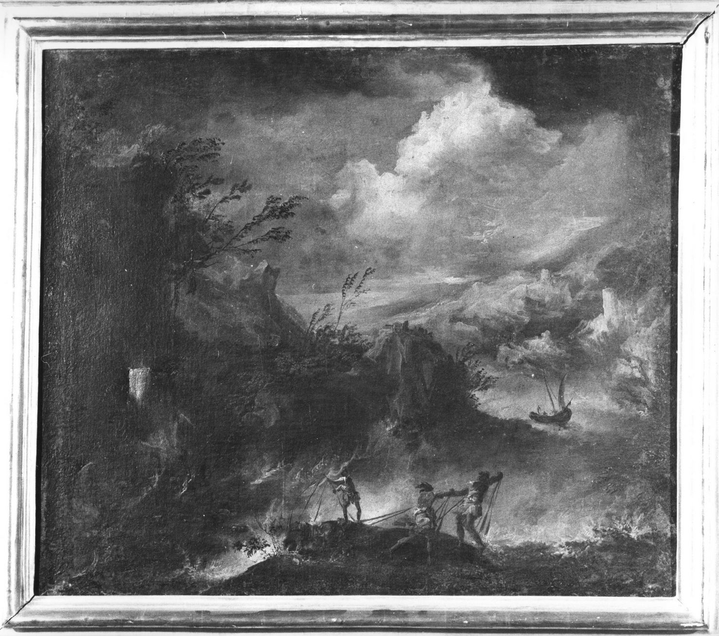 marina con pescatori e barche (dipinto, elemento d'insieme) di Marini Antonio (primo quarto sec. XVIII)