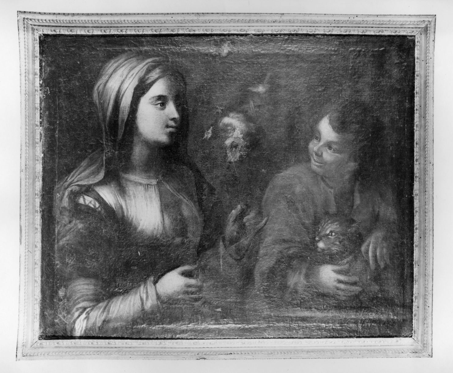 filatrice con bambino e gatto (dipinto) - ambito neerlandese (fine/inizio secc. XVII/ XVIII)