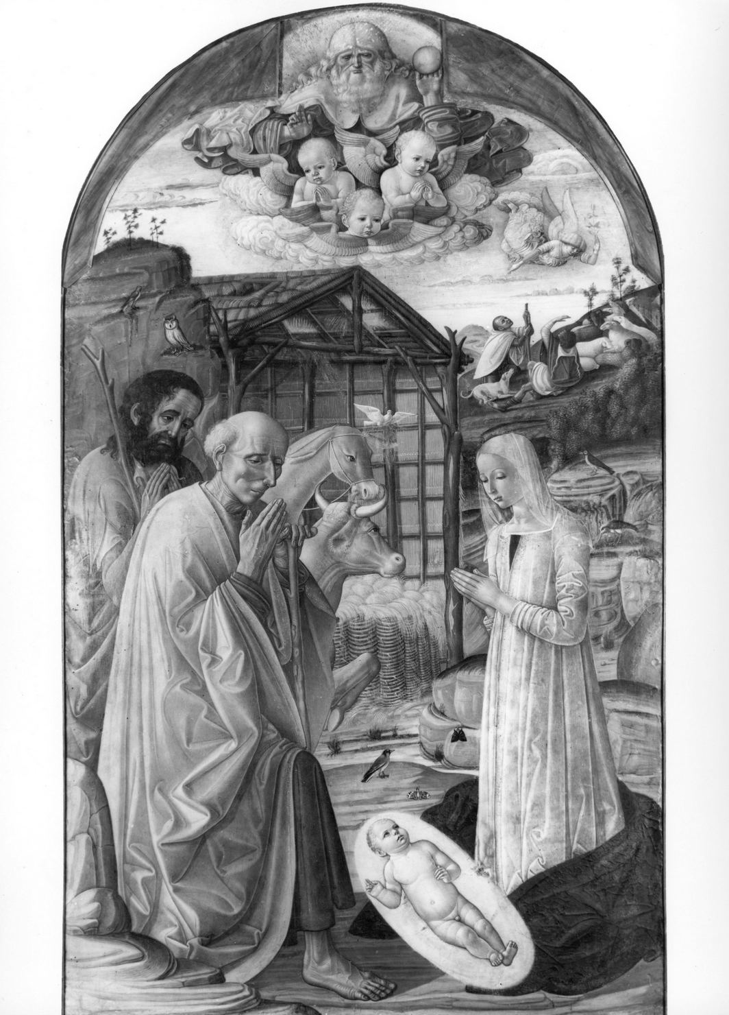 Natività di Gesù e adorazione dei pastori, natività di Gesù (dipinto) di Benvenuto di Giovanni (attribuito) (sec. XV)