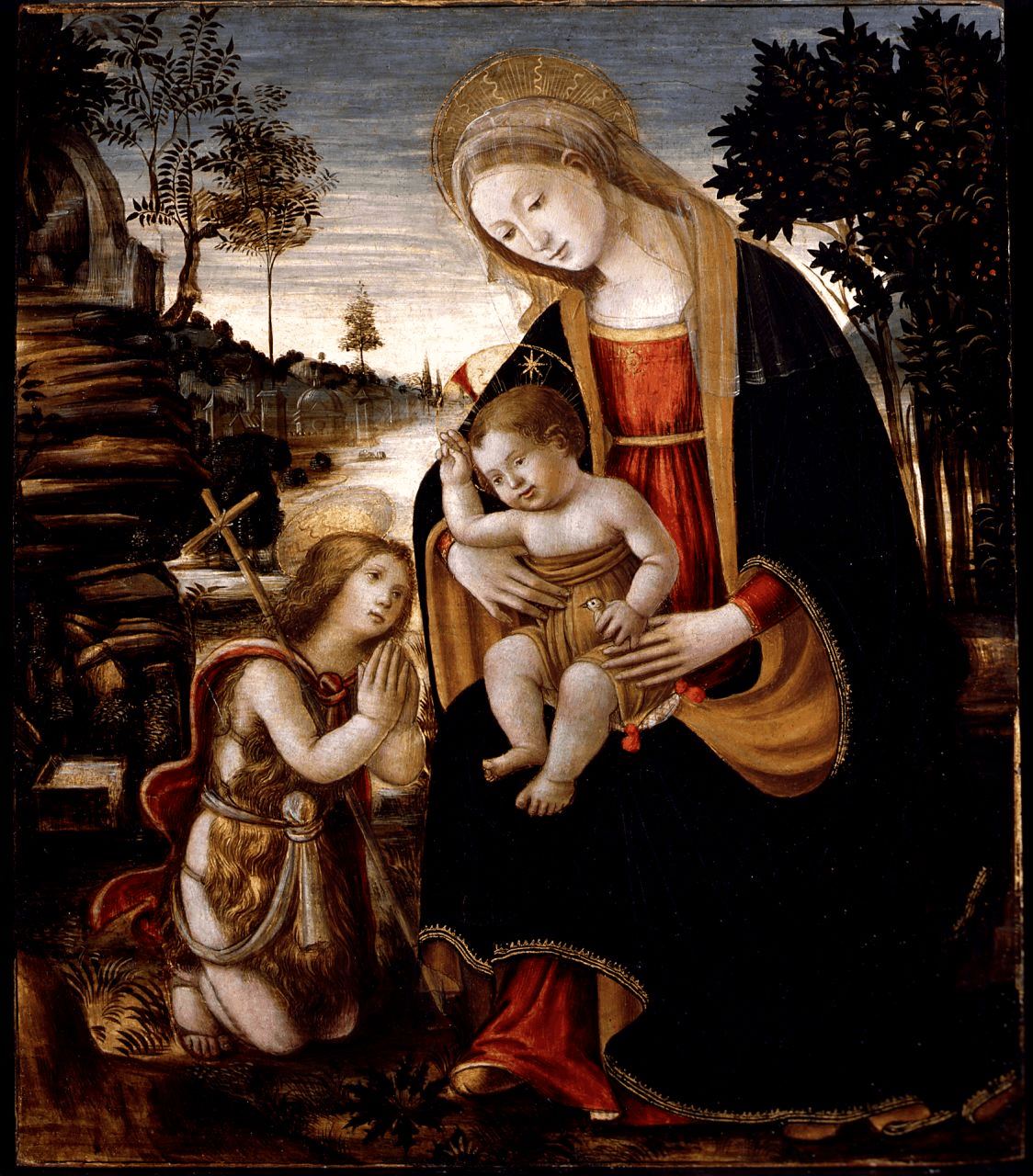 Madonna in adorazione del Bambino e San Giovanni Battista bambino (dipinto) - ambito fiorentino (sec. XV)