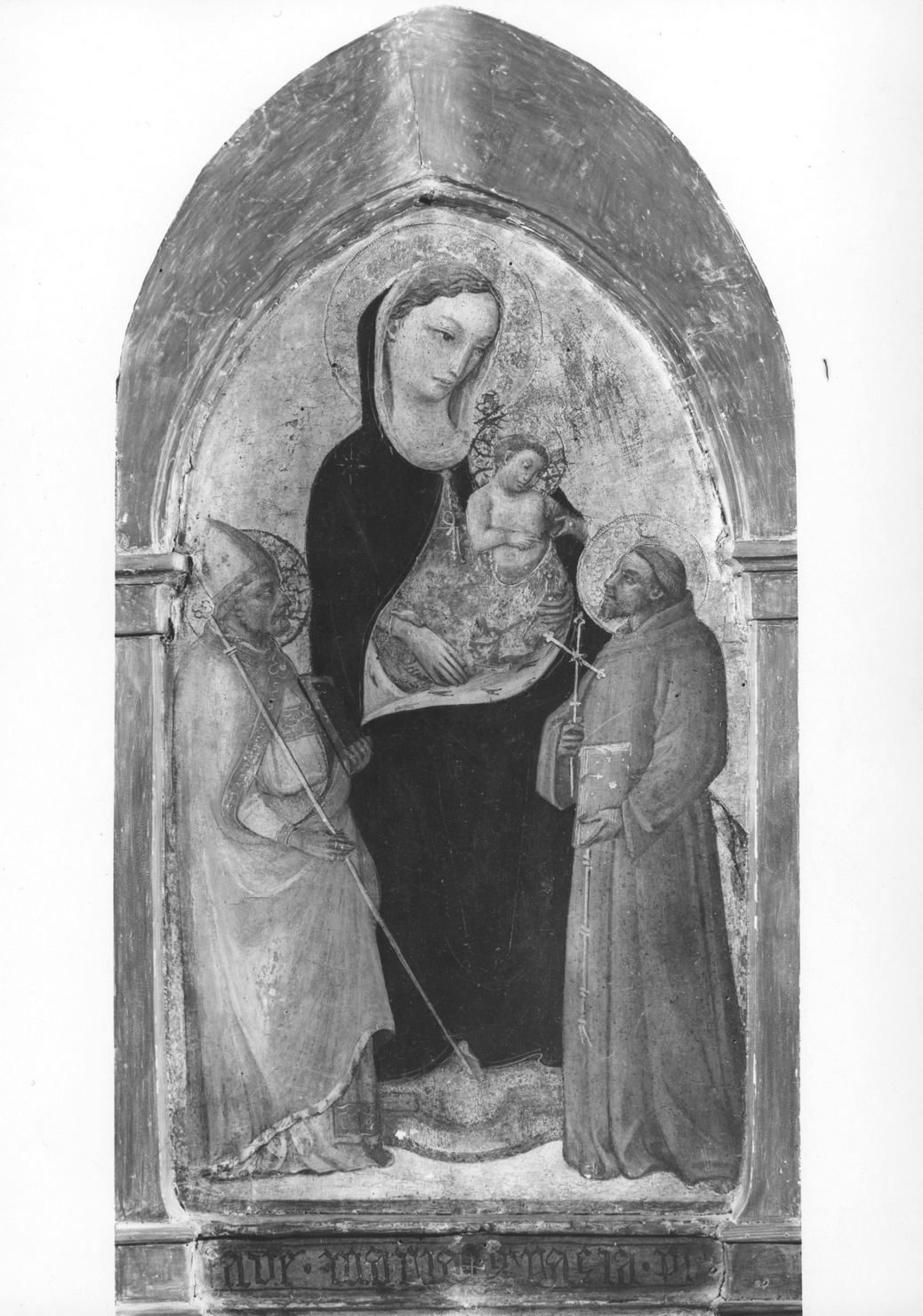 Madonna con Bambino in trono tra San Francesco d'Assisi e Santo vescovo (dipinto) - ambito fiorentino (primo quarto sec. XV)