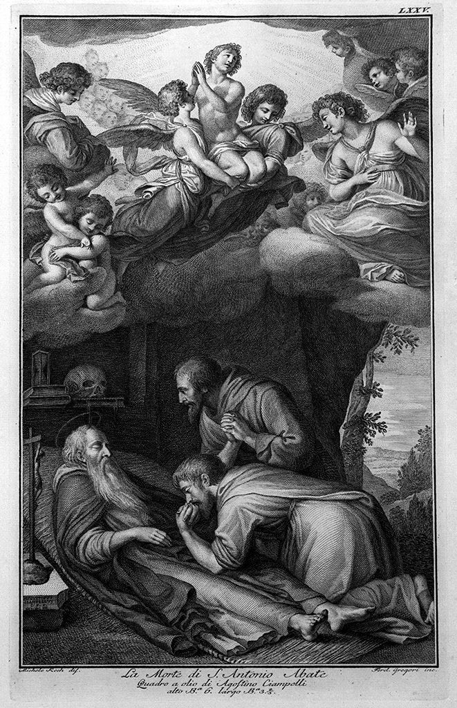 morte di Sant'Antonio abate (stampa, elemento d'insieme) di Gregori Ferdinando (sec. XVIII)
