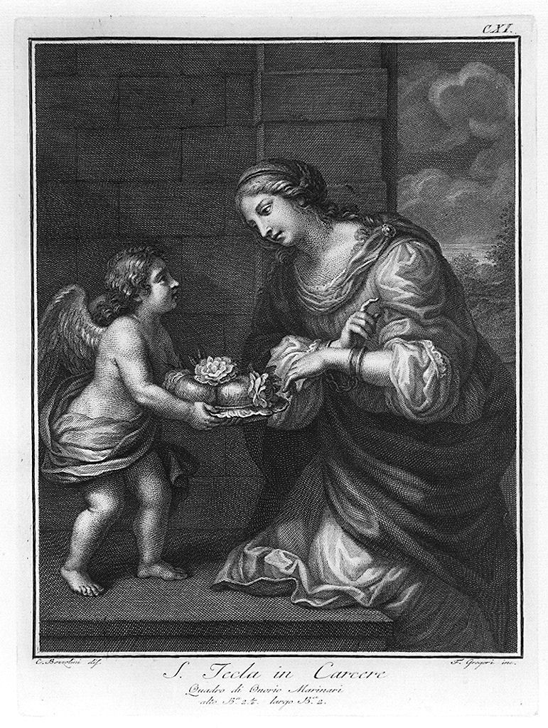 Santa Tecla in carcere confortata da un angelo (stampa, elemento d'insieme) di Gregori Ferdinando, Bozzolini Carlo (sec. XVIII)